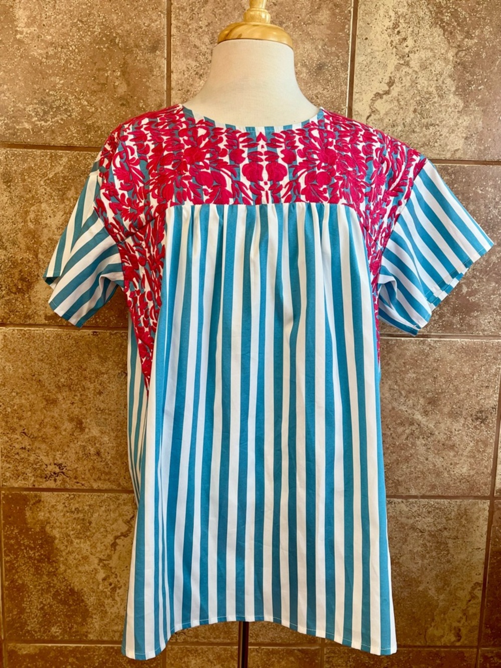 Layerz Turquoise Stripe Top with Pink Floral Yoke Size XL